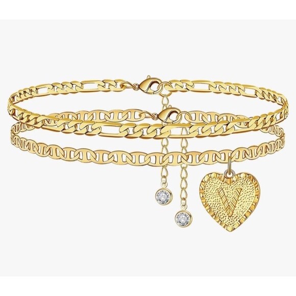 Anklet Bracelet Gold Plated Simulated Howlite Jewelry Adjustable V Initial A1 - Picture 2 of 12